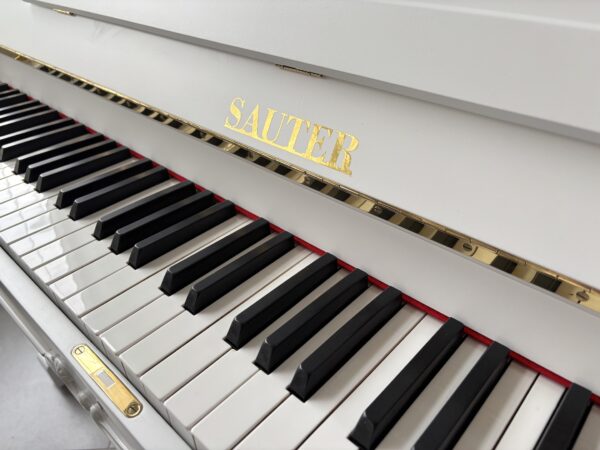 Vyřezávané bílé piano, německé piano Sauter, mechanika Renner 012PB